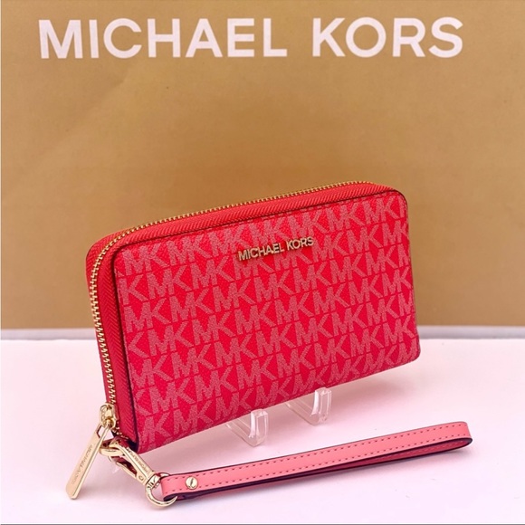 Michael Kors Jet Set Travel Large Phone Case Wristlet Wallet Coral Reef - Picture 10 of 13